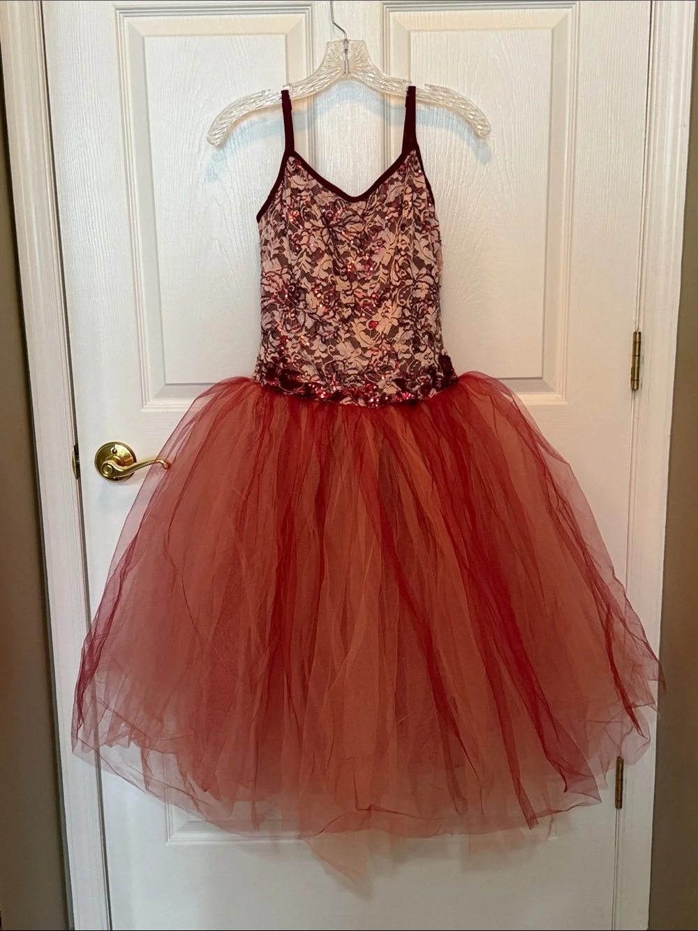 Girls Burgundy Tulle Dance Costume Dress with Sequin Bodice